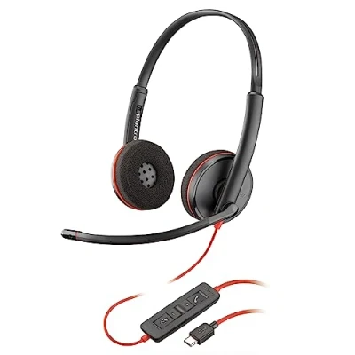 Immagine di Poly Blackwire 3220, Cuffia Cablata con Connessione USB A, C, AUX 3,5 mm, Cuscinetti in Similpelle, Riduzione del Rumore e dell&#039;Eco, Comandi sul Cavo, Compatibile Windows 10 macOS, Nero