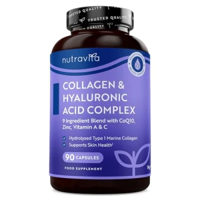 Immagine di Collagene Marino con Acido Ialuronico + Magnesio Vitamina C D B12 A Zinco CoQ10 90 Integratori per 3 Mesi, Piel, Metabolismo, Inmunidad (EFSA) Nutravita