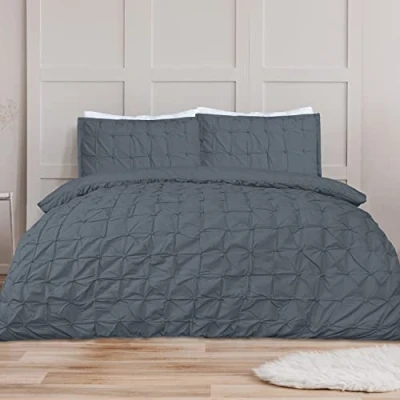 Immagine di Sleepdown Set copripiumino singolo, con pieghe a righe, facile da pulire, in misto cotone, colore: grigio antracite
