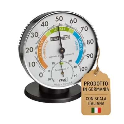 Immagine di TFA Dostmann Termoigrometro di precisione, 45.2033.IT, per la climatizzazione degli ambienti interni, scala analogica italiana, con zone comfort, controllo temperatura e umidità, dalla Germania