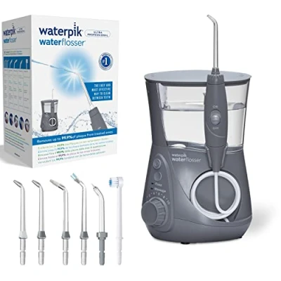 Immagine di Waterpik Idropulsore Dentale Ultra Professional con 7 Testine e Sistema Avanzato di Controllo della Pressione 10 Impostazioni, Strumento Rimozione Placca Dentale, Grigio (WP 667EU)