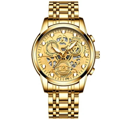 Immagine di JewelryWe Orologio da uomo al quarzo analogico 30 m impermeabile, in acciaio inox, con calendario e lancette luminose, regalo per uomini ragazzi
