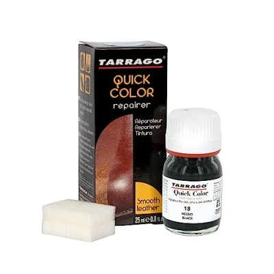 Immagine di Tarrago Quick Color 25 ml Tintura per scarpe in pelle, pelle liscia e tela accessori Macchia ad asciugatura rapida che ripara protegge le calzature da piccoli segni (nero 18)