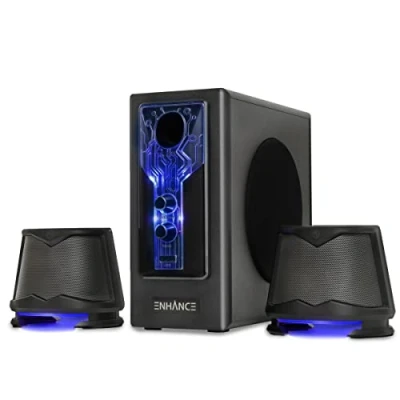 Immagine di ENHANCE SB 2.1 Altoparlanti per Computer con Subwoofer Casse Gaming LED Blu, Sistema Audio ad Alta Escursione, Jack da 3.5mm, Controllo Volume e Bassi, Compatibili PC Gaming, Laptop