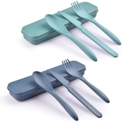 Immagine di set di 2 posate riutilizzabili con custodia, da viaggio, forchetta, coltello, cucchiaio, in plastica portatile per picnic, scuola, ufficio, pranzo (1)