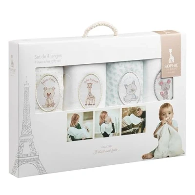Immagine di Sophie la girafe, Set 4 pannolini lavabili in tessuto 100% cotone per neonati, molteplici usi, 70 x cm, dalla nascita