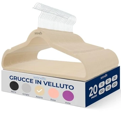 Immagine di SereneLife Set di 20 grucce in velluto, antiscivolo, resistenti, con gancio girevole a 360, finitura liscia velluto per proteggere il tessuto, leggere, design ultra sottile, cappotti e altri