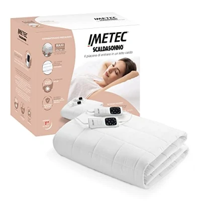 Immagine di Imetec Scaldasonno Adapto Maxi Coprimaterasso Matrimoniale 195x165 cm, Basso consumo, Riscaldamento Rapido, Temperatura Personalizzata, 100% Cotone Percalle Trapuntato, Doppio Comando, 6 Temperature