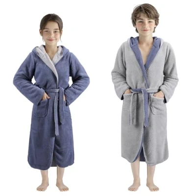 Immagine di HOMELEVEL Accappatoio Invernale Bambino Ragazzo Vestaglia con Cappuccio Tasca Bambina Ragazza Accappatoi Bambini Tessuto Sherpa Reversibile