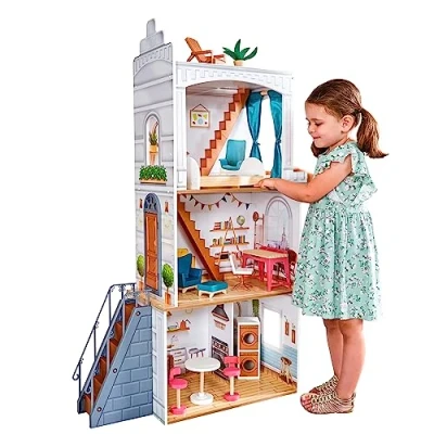 Immagine di KidKraft Casa delle Bambole in Legno Rowan con Accessori e Mobili inclusi, Set da Gioco a 4 Piani Terrazza sul Tetto per 30 cm, Giocattolo Bambini 3+ Anni, 10238