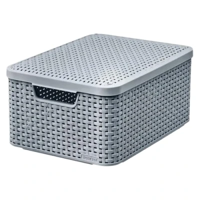 Immagine di Curver Rattan Style Scatola portaoggetti con coperchio, 18 l, in plastica, materiale riciclato di almeno il 70% (grigio chiaro, M: 38,6 x 28,7 17 cm)