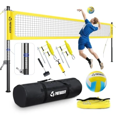 Immagine di Patiassy Set di rete da pallavolo professionale portatile, con pali in alluminio regolabili altezza, sistema verricello, pompa e borsa per il trasporto, cortile spiaggia