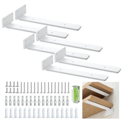 Immagine di Confezione da 6 supporti per scaffali, sospesi, 25 cm, angolo robusto (1/5&quot;), in metallo spesso, colore bianco, con finitura moderna ferro, bianco