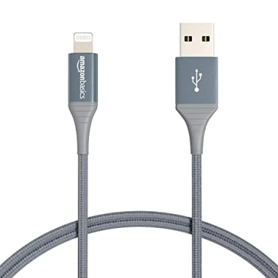 Immagine di Amazon Basics Cavo di ricarica Lightning USB A, in nylon doppio intrecciato, serie Advanced, certificato MFi, per iPhone, Grigio Scuro, 1.8 m