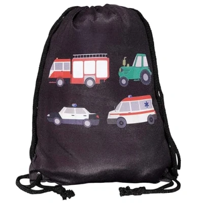 Immagine di HECKBO Sacca per Bambini Ragazzi Motivo con Camion Pompieri, Trattore, Ambulanza, Auto Polizia 40x32cm Lavabile in Lavatrice Asilo, Scuola Materna, Gita, Calcio, Ginnastica beige