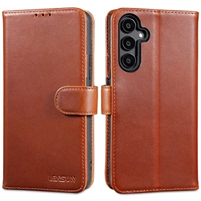 Immagine di Lensun Custodia per Samsung Galaxy A54 5G, Cover in Vera Pelle [Funzione Supporto] Libro con Portafoglio Chiusura Magnetico Flip Custodie Cuoio Telefono Marrone Scuro