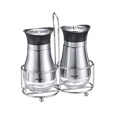 Immagine di Westmark Menage 63332260 Saliera e pepiera, 3 pezzi, capacità: 125 ml ciascuno, finestra sottostante, vetro/plastica/acciaio inossidabile, Lisbona, trasparente/argento/nero