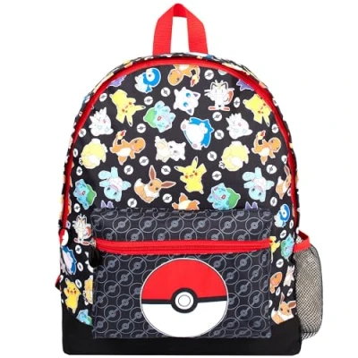 Immagine di Pokémon zaino da scuola per ragazzi e ragazze, viaggio a 2 scomparti, bambini, spallacci regolabili tasca in rete, Nero