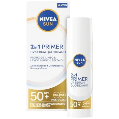 Immagine di NIVEA SUN 2in1 Primer UV Serum Quotidiano SPF50+ 30 ml, Siero SPF 50+ viso per una pelle protetta e levigata, Protezione solare dal finish invisibile ideale come base il make up