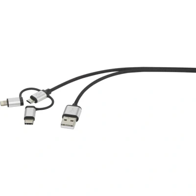 Immagine di Renkforce Cavo USB 2.0 Spina A, C®, Micro B, Connettore Apple Lightning 0.25 m Grigio scuro Calza intrecciata RF 3335106