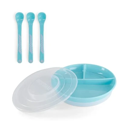 Immagine di Twistshake Set Di Stoviglie Per Bambini Piatto Diviso + 3 Posate a Cucchiaio Senza BPA Kit L&#039;addestramento Alimentare Dei Blu