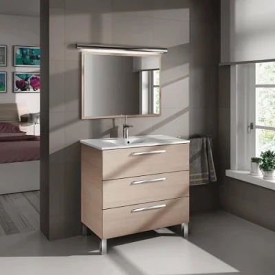 Immagine di Dmora Mobile sottolavabo a Tre Specchio con Cornice, Colore, cm 80 x 86 45, Rovere Chiaro, 3 cassetti