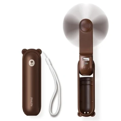 Immagine di JISULIFE Mini ventilatore portatile, a mano 3 in 1, tascabile ricaricabile, batteria [14 21 ore di lavoro] con esterna, funzione torcia marrone