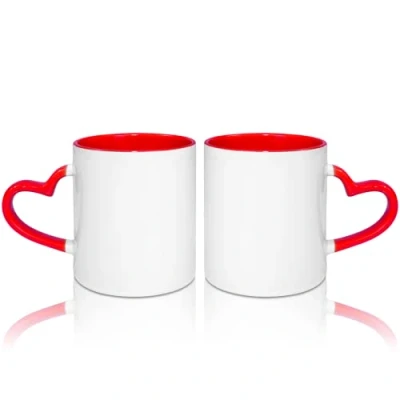 Immagine di MR.R Tazze da caffè vuote sublimazione 311,8 g, tazza bianca con di colore rosso interno e manico a cuore, set 2