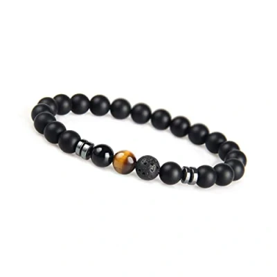 Immagine di GD GOOD.designs Bracciale uomo con pietra lavica nera da 8 mm perline di onice I elastico a sfera per in pietre naturali autentiche (Occhio tigre)