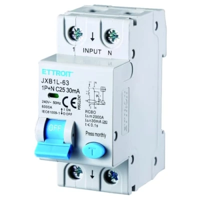Immagine di Interruttore magnetotermico differenziale salvavita, 1P+N, occupa 2 moduli DIN, 220V 230V, 25A C25, 30mA, 6KA 6000A, RCBO, classe A