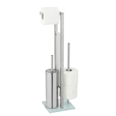 Immagine di WENKO Rivalta, set di piatti chiusi in acciaio inox, vetro sicurezza, scopino, carta igienica e porta rotolo ricambio, argento, polipropilene temperato, opaco/bianco/nero, 18 x 70 23 cm