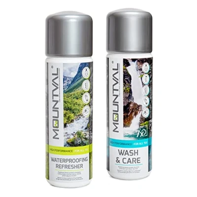 Immagine di Set Cura Abbigliamento Clima Umido, Mountval Lava e (315ml), Rinfrescante (300ml), Protezione per Tecnico, Equipaggiamento Hiking GORE TEX