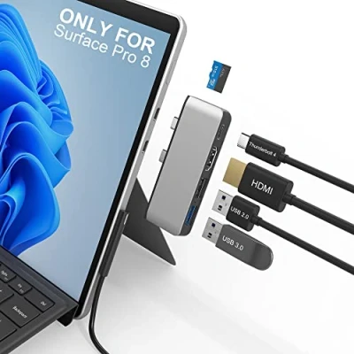 Immagine di Docking station per hub Surface Pro 8 con HDMI 4K, USB C Thunderbolt 4 (display+dati+PD), 3.0, 2.0, slot schede TF, triplo display (Surface 8+HDMI+USB C)