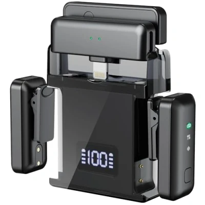 Immagine di Microfono Wireless, Lavalier per IPhone Android (2TX + 2RX Custodia di Ricarica), Mini con Cancellazione del Rumore, Portatile PC