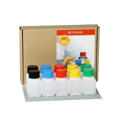 Immagine di Octopus 10 x 50 ml Bottiglie in plastica, plastica HDPE con Tappi a Vite variopinti, vuote coperchi Colorati, quadre Etichette compilabili Incluse