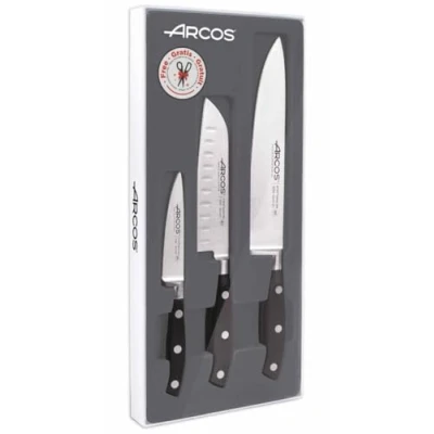 Immagine di Arcos Set Coltelli Forgiati 3 Pezzi in Acciaio Inossidabile Nitrum Lama Sottile con Filo Ondulato, Manico Ergonomico Poliossimetilene POM Piccolo e Leggero, Serie Riviera, Colore Nero
