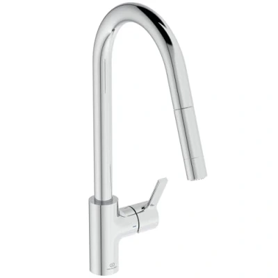 Immagine di Ideal Standard Gusto, Miscelatore monocomando per lavello da cucina, Bocca alta tubolare con doccetta orientabile ed estraibile a due funzioni, Cromato