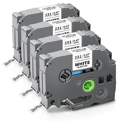 Immagine di UniPlus Compatibile per Brother TZe 231 TZ 12mm x 8m Nero su Bianco Nastro Cassette Etichette PT 1000 1010 H100R H107B H105 H100LB E100 1830VP, 4 Pezzi