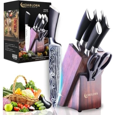 Immagine di HOABLORN 7 Pezzi Set di Coltelli da Cucina, Ceppo Professionali con Blocco in Legno, Coltelli, Cucina Professionali, per Frutta e Verdura