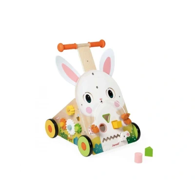 Immagine di Janod Chariot Multi Activités Ferme Carretto di Legno da Spingere 9 attività Sistema frenante Brevettato e Ruote silenziose Giocattolo evolutivo per Bambini 12 mesi J03326, Multicolore, J03326