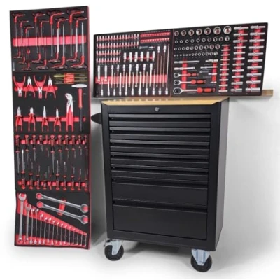 Immagine di DeTec. Carrello portautensili da officina, con cassetta degli attrezzi, piastra in legno, inserti schiuma, colore: rosso