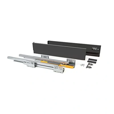 Immagine di Emuca Kit cassetto cucina o bagno con guide ad estrazione totale e chiusura soft, altezza 105mm profondità 300mm, Grigio antracite