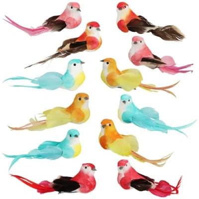 Immagine di com four® 12x Uccelli Decorativi Artificiali in 5 Disegni Colorati con Piume e Clip Metallo Uccello Decorativo per la Decorazione (12 Pezzi Set Misto 01)