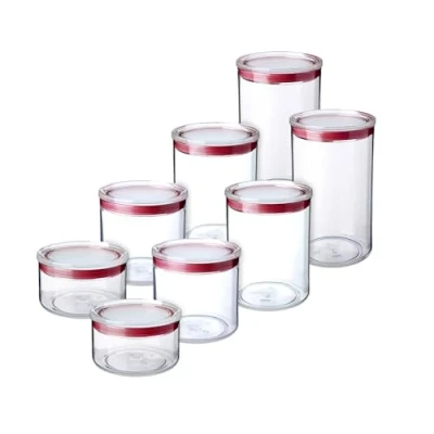 Immagine di TATAY Set di 8 barattoli per alimenti da cucina (2x0,5L, 2x1, 2x1,5L, 2x2L), Senza BPA, Adatto Lavastoviglie, Impilabili, Trasparente, Rosso