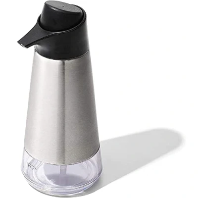 Immagine di DevaCurl OXO Easy Press Dispenser di Sapone in Acciaio Inox, 18/8, 3 1/4&quot; diam. x 8&quot; h