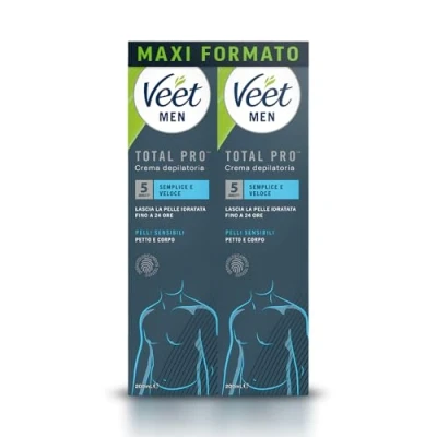 Immagine di Veet Men Crema Depilatoria Uomo Petto e Corpo Pelli Sensibili, Dermatologicamente Testata, Formato Convenienza 400 ml (2 Confezioni x 200 ml)
