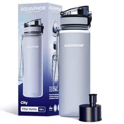 Immagine di AQUAPHOR City Bottle 500ml grigia I Borraccia con Filtro da passeggio a carbone attivo Filtra cloro e impurità In tritan senza BPA Per gusto odore dell’acqua più buoni