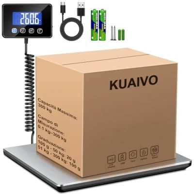 Immagine di KUAIVO Bilancia Pesa Pacchi 300 kg / 20 g Alta Precisione, Professionale con Funzione LCD/Hold/Tara, Postale Piattaforma in Acciaio Inossidabile per Pacchi, Magazzino e valigia