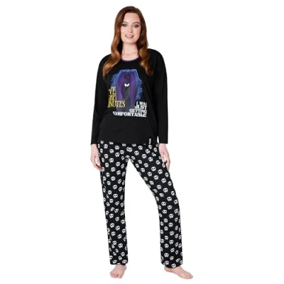 Immagine di Wednesday Pigiama Donna Cotone Lungo a Maniche Lunghe S XL Due Pezzi mercoledì Addams Invernale Autunnale (Nero/Teschio, L)