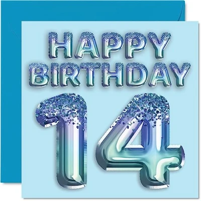 Immagine di Stuff4 Biglietto di auguri per 14 compleanno ragazzi, con palloncini blu glitterati Biglietti anni, figlio, fratello, nipote, 145 mm x mm,
